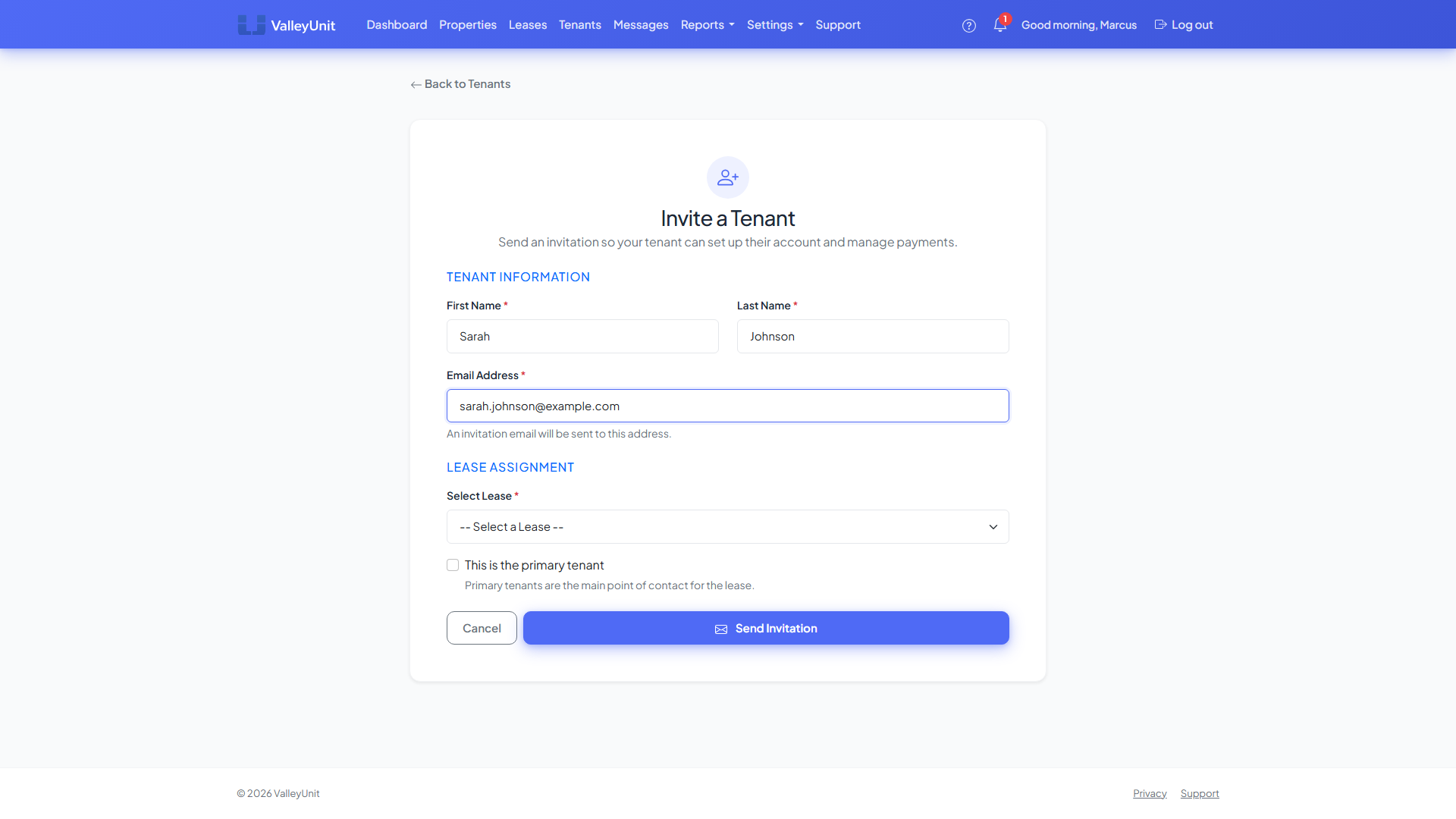 Tenant invitation form with email and lease assignment