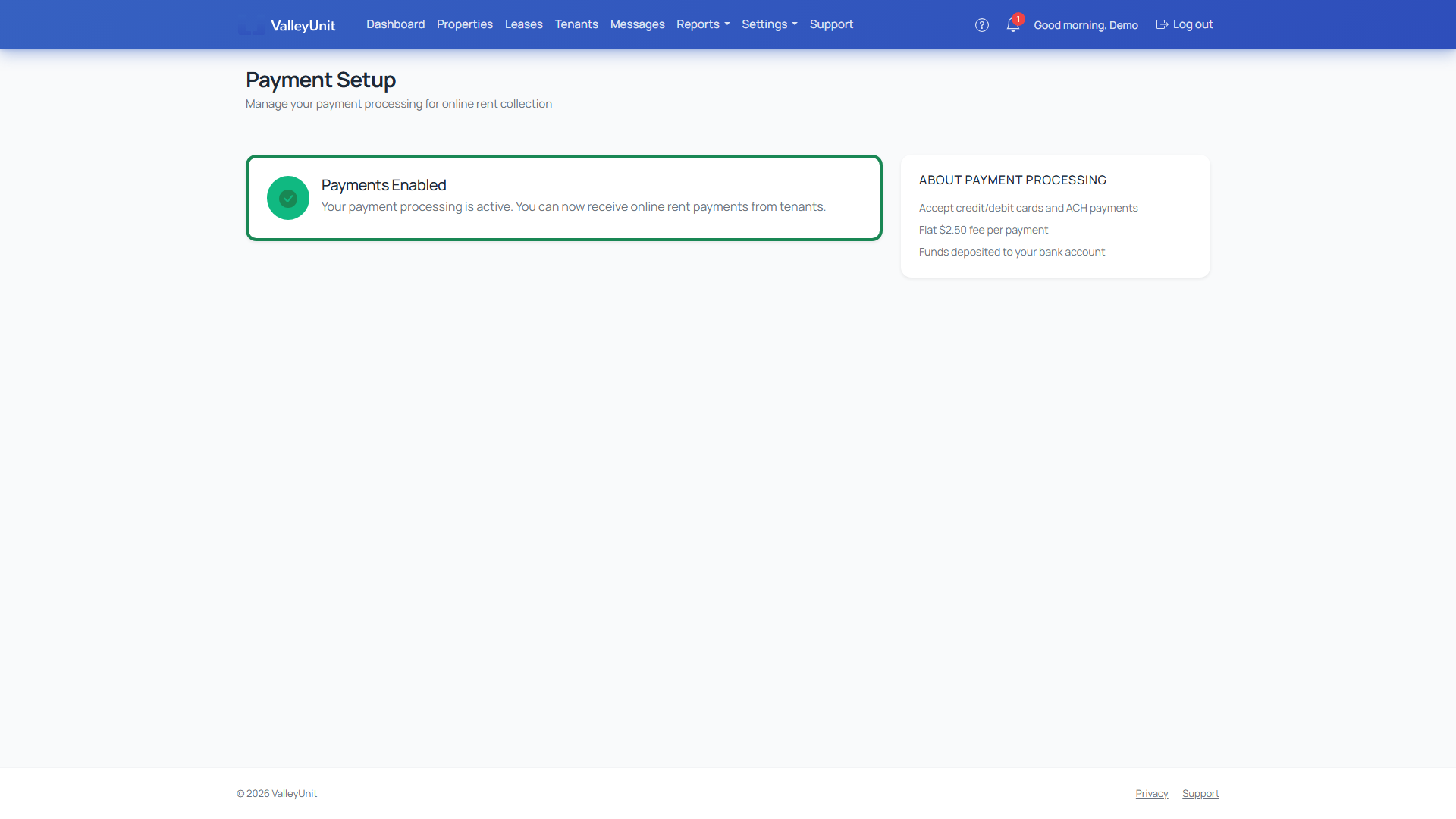 Payment Setup page showing payments enabled and processing details