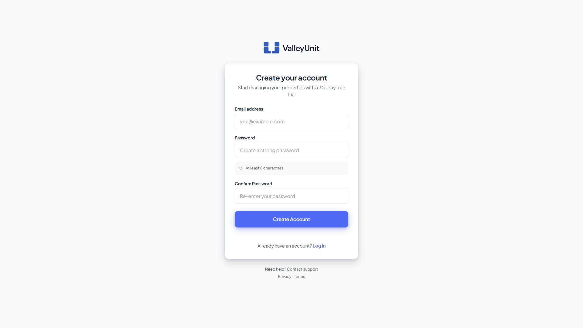 ValleyUnit registration form showing email, password, and account type fields